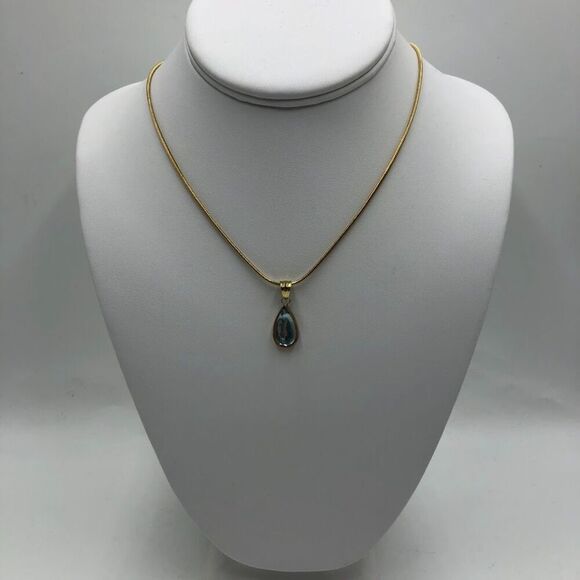 18K Gold Plated Women's Faux Blue Gem Teardrop Necklace Waterproof Elegant - Picture 3 of 12